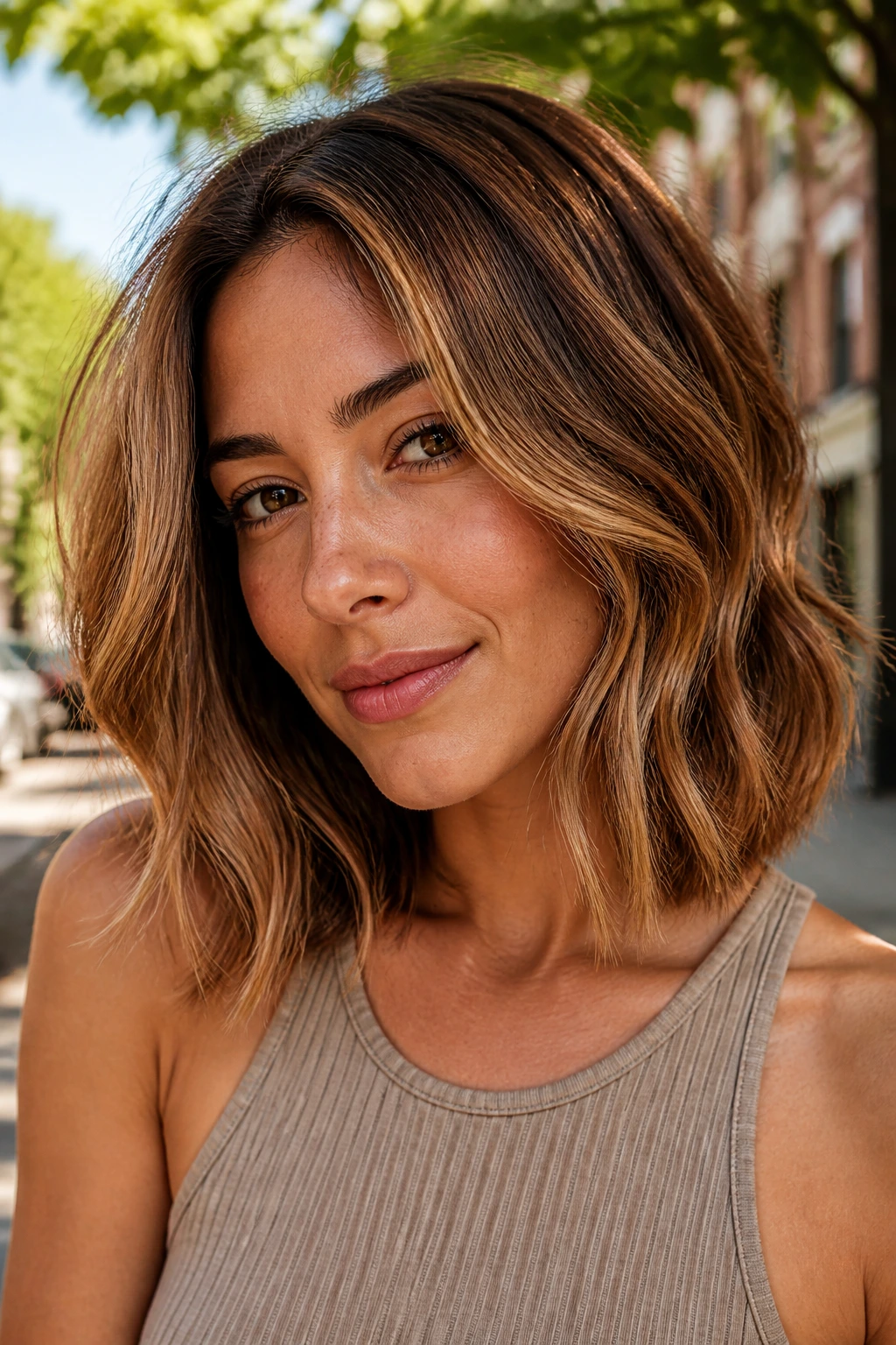 Real woman with copper-infused bronde lob in golden hour light