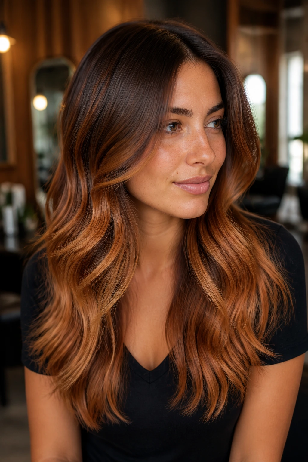 Close-up portrait of a real woman with copper bronde melt hair showing seamless brunette-to-copper transition
