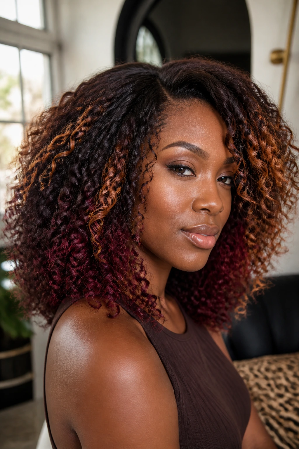 Close-up of deep skin tone with subtle copper, bronze, and burgundy highlights.