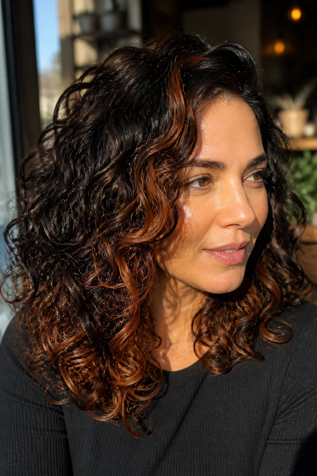 Close-up of a real woman with copper-brown accents in front and crown of dark curls
