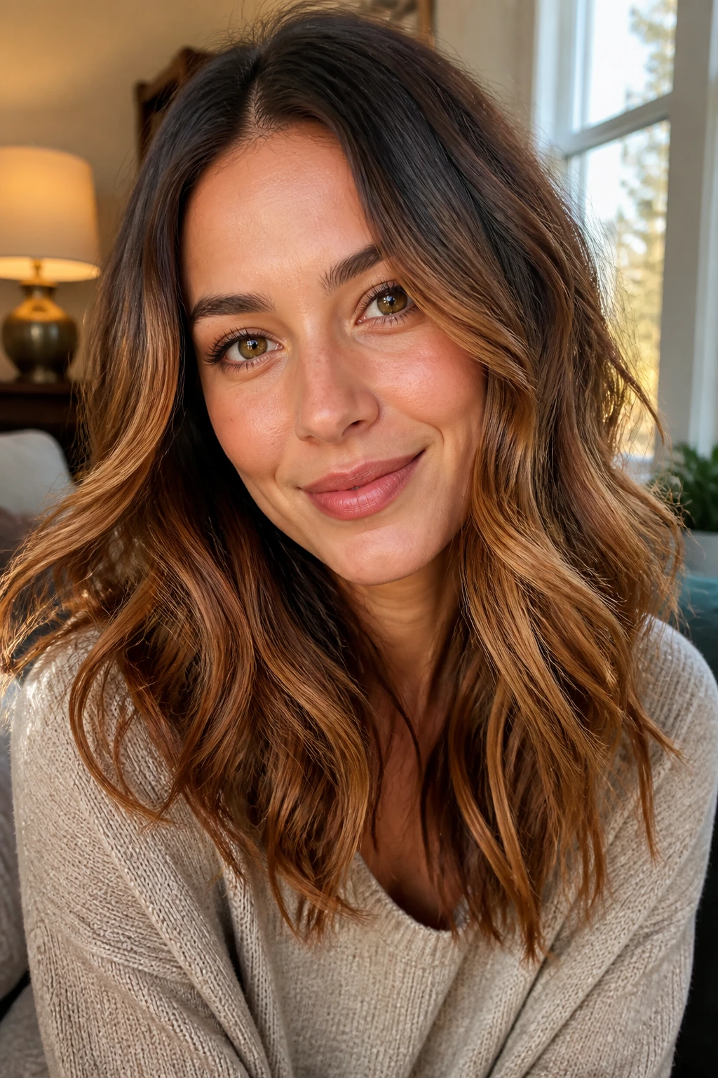 Close-up of a woman with copper-brown blonde mix in hair