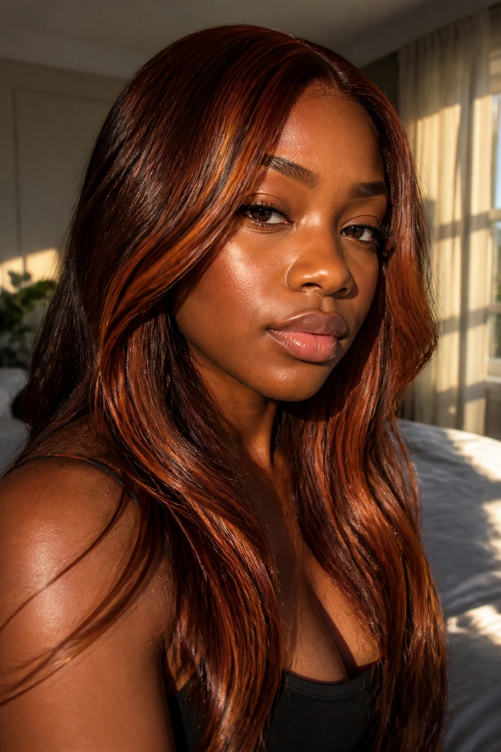 Close-up portrait of a real person with copper brown hair and subtle glow under warm window light