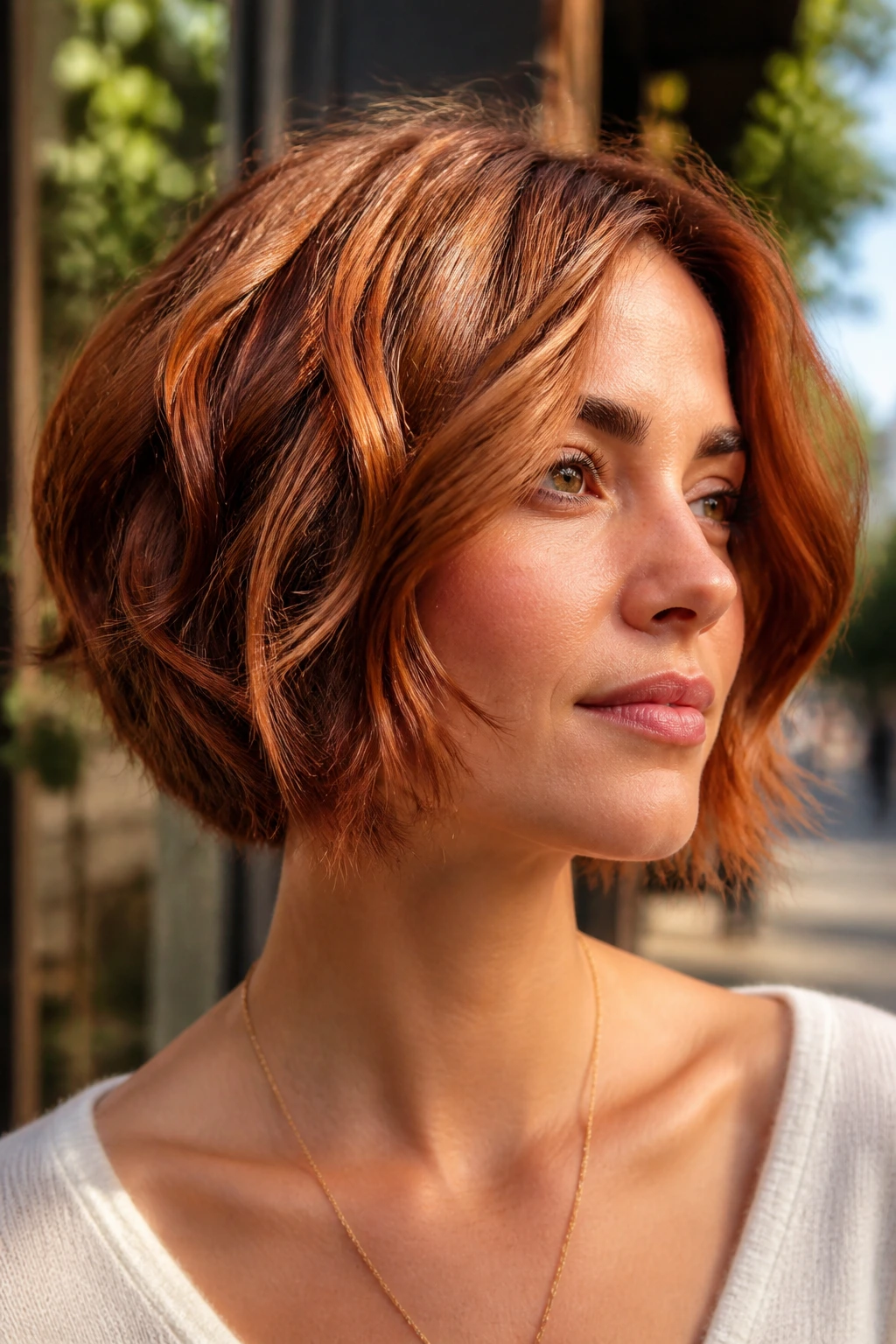 Portrait of a woman with copper-brown inverted bob and loose S-waves