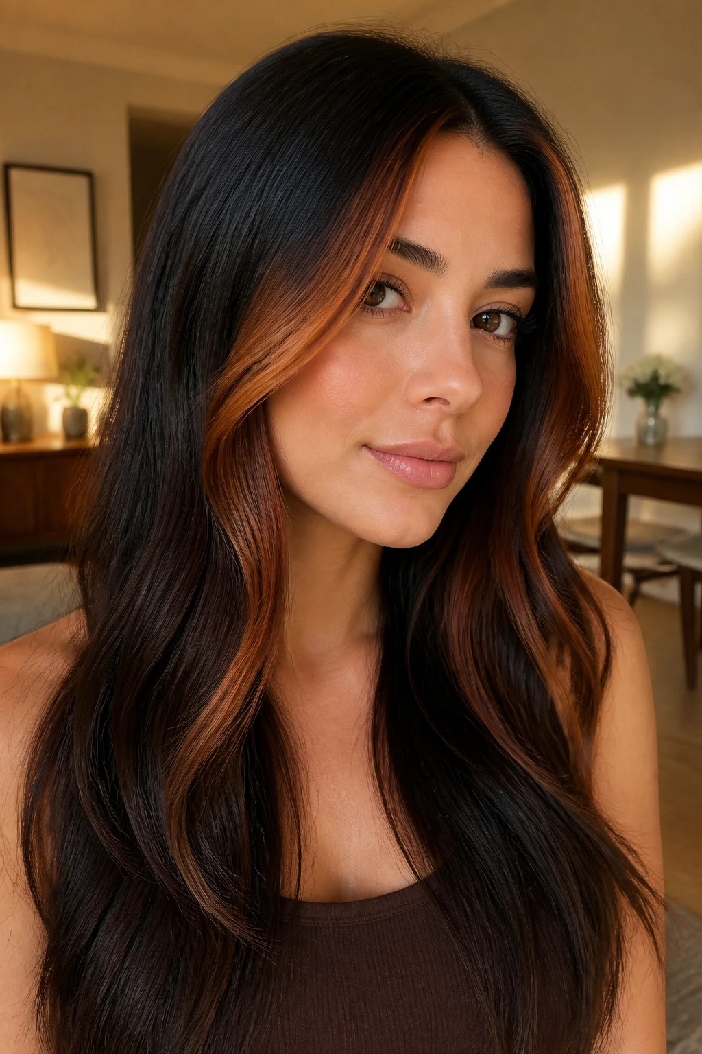 Close-up portrait of a real woman showing copper-brown face-framing money pieces against long brunette hair