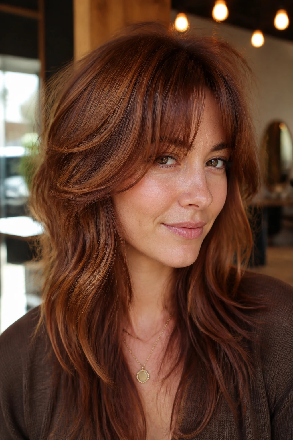 Close-up portrait of copper-brown shag with auburn lowlights on a real person in a warm salon