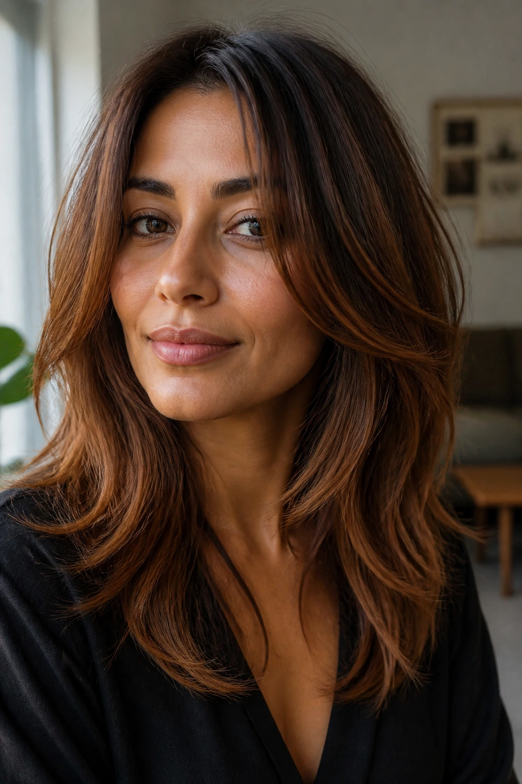 Real woman with copper brown hair and wispy layers catching light