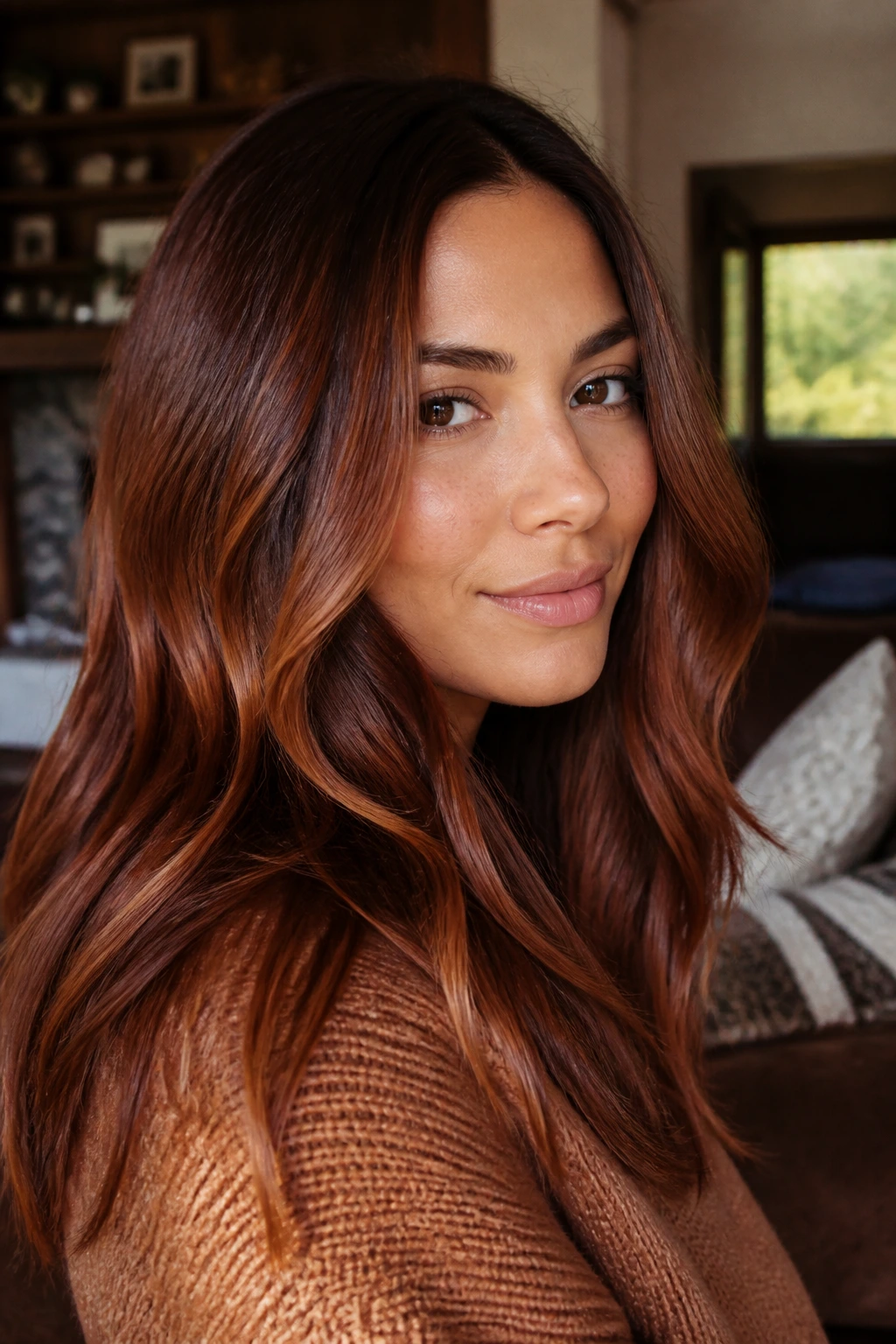 Close-up portrait showing copper-brown melted hair on medium skin