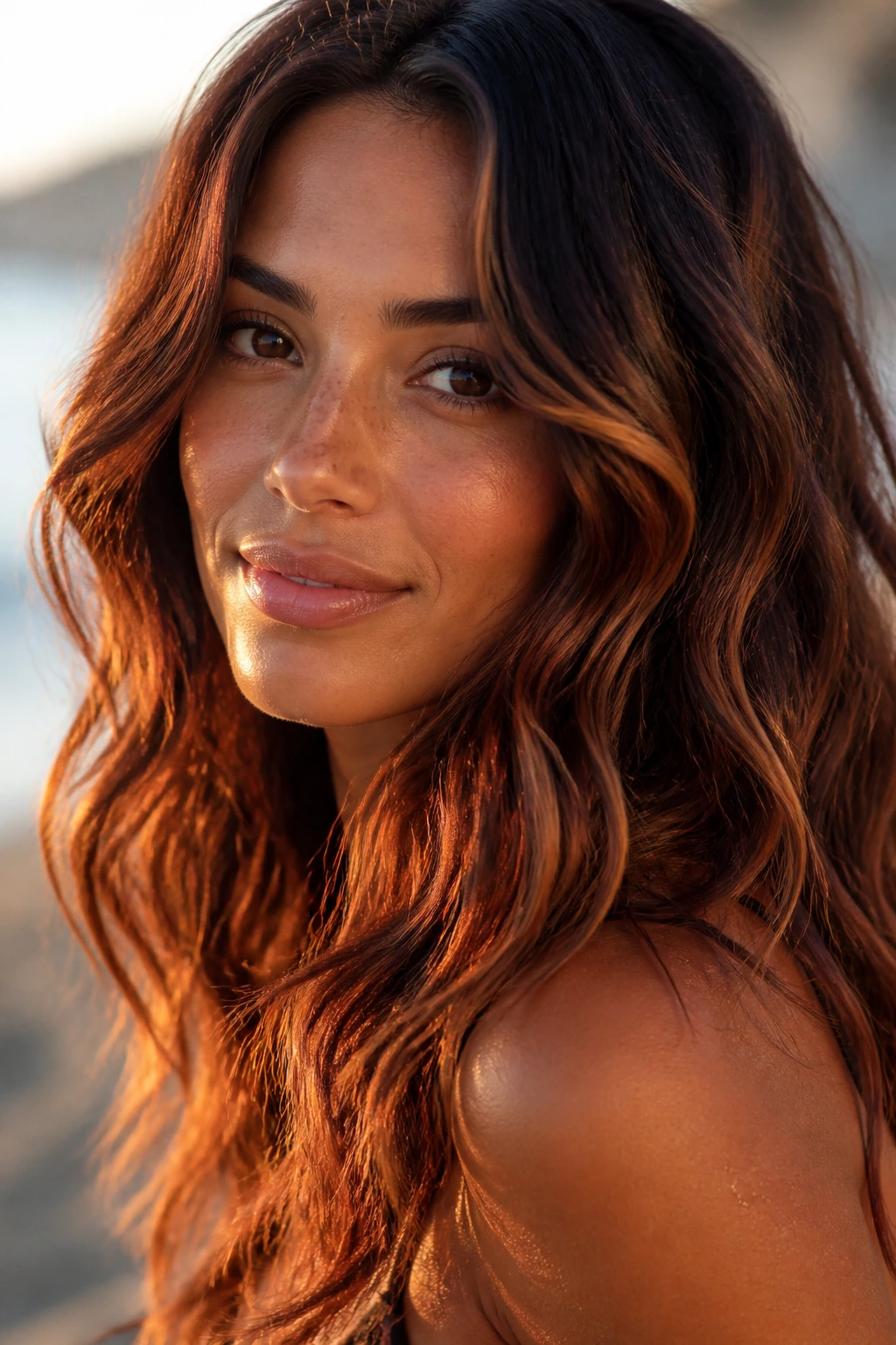 Close-up of real woman with copper-inflected brunette waves catching sunlight.