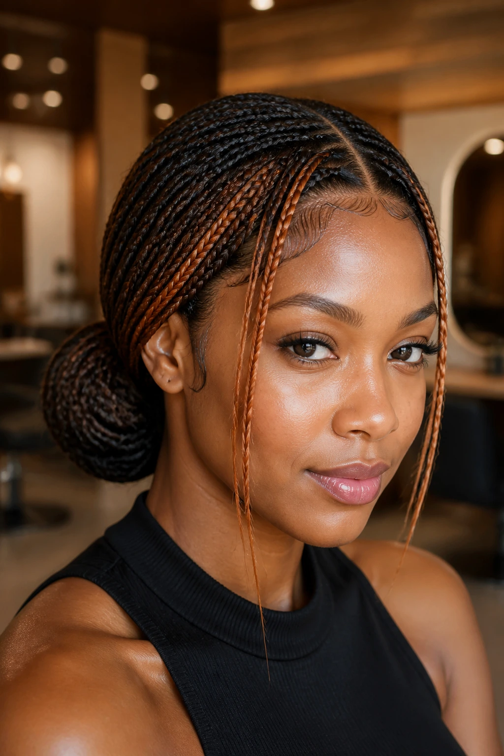 Close-up of a real woman with copper money-piece center-split low bun and glossy edges