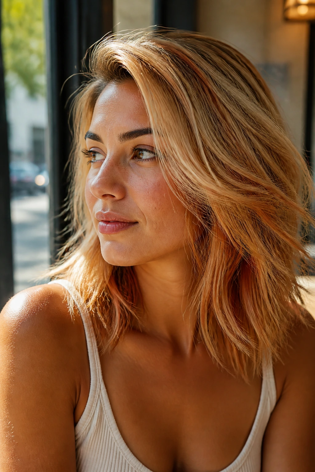 Close-up of a woman with copper-underneath butter blonde hair by a sunny cafe window