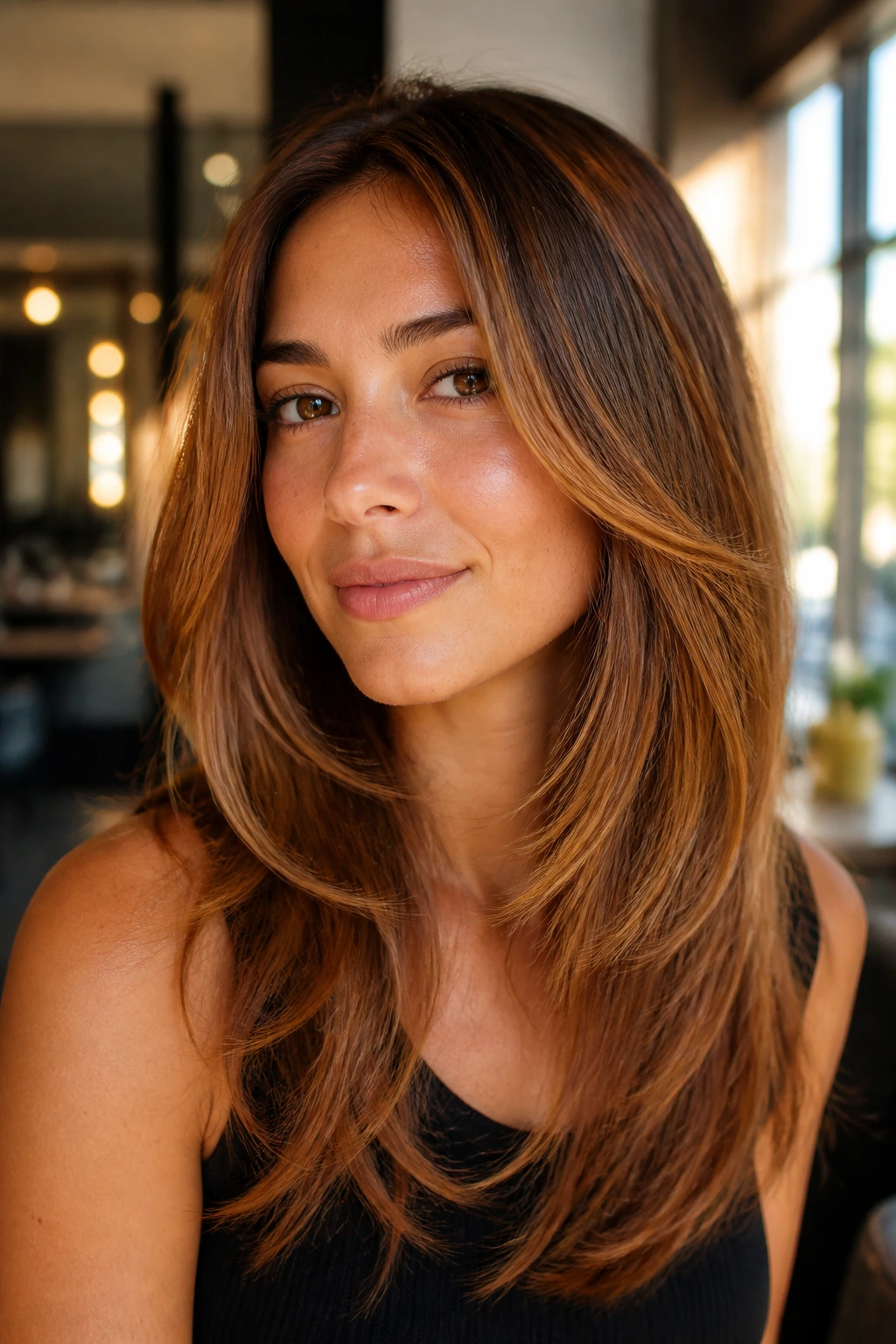 Close-up portrait of copper-kissed caramel balayage on a real woman's fine hair
