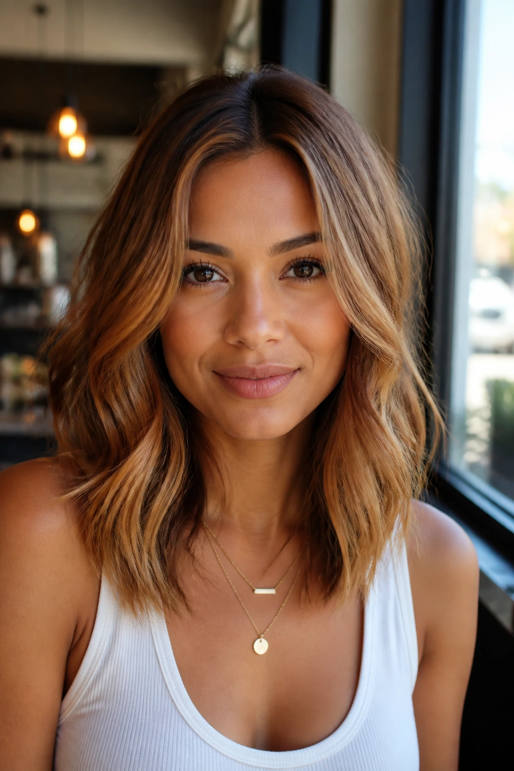 Close-up of a real woman with copper tinted caramel balayage in soft waves