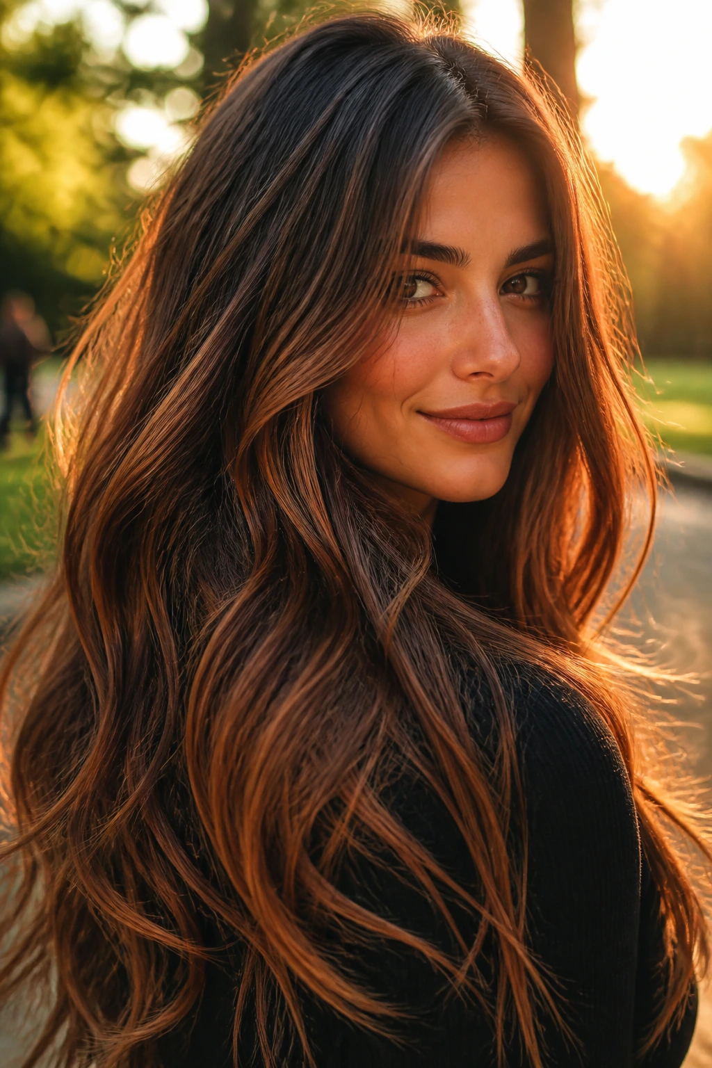 Close-up of copper caramel brunette hair blend in warm outdoor light.