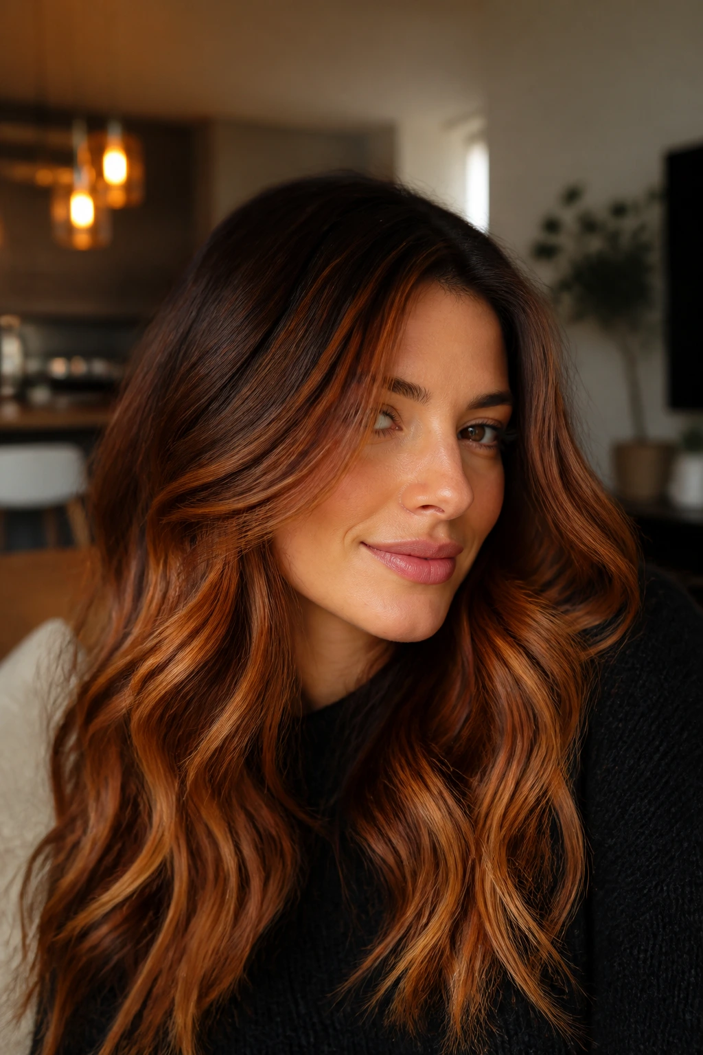 Close-up portrait of brunette with copper caramel warmth.