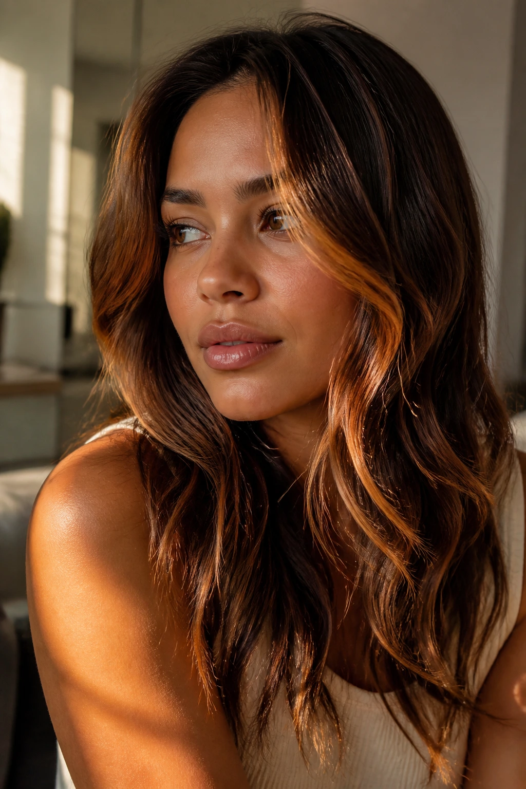 Close-up of a real woman with copper caramel ribbon highlights around the front and mid-lengths