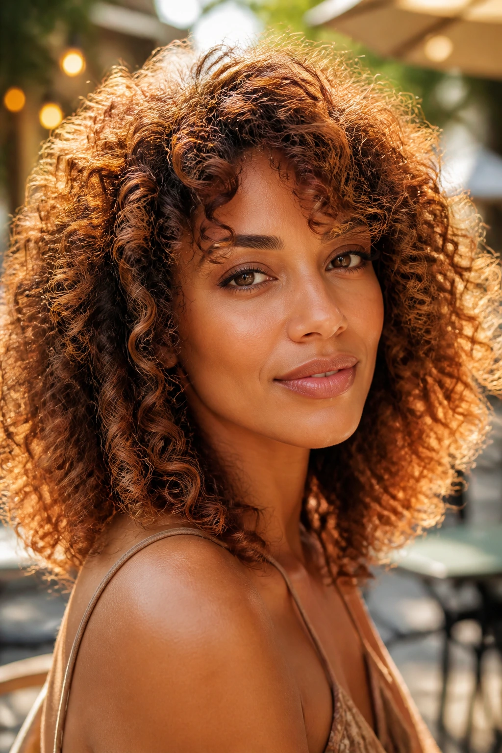 Close-up portrait of a real woman with copper caramel shine on textured hair in golden hour light