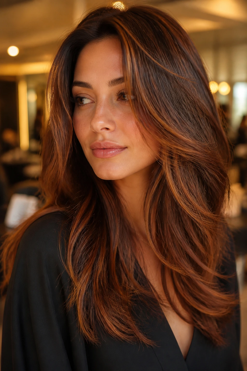 Close-up portrait with copper-kissed chestnut layers framing the face.