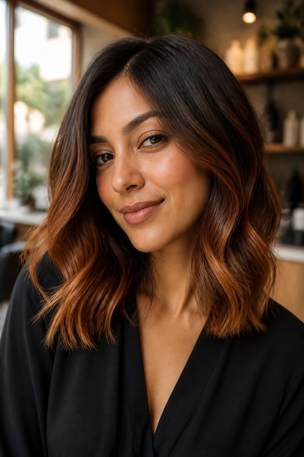 Real woman with copper contour ends on mid-length wavy hair, warm glow