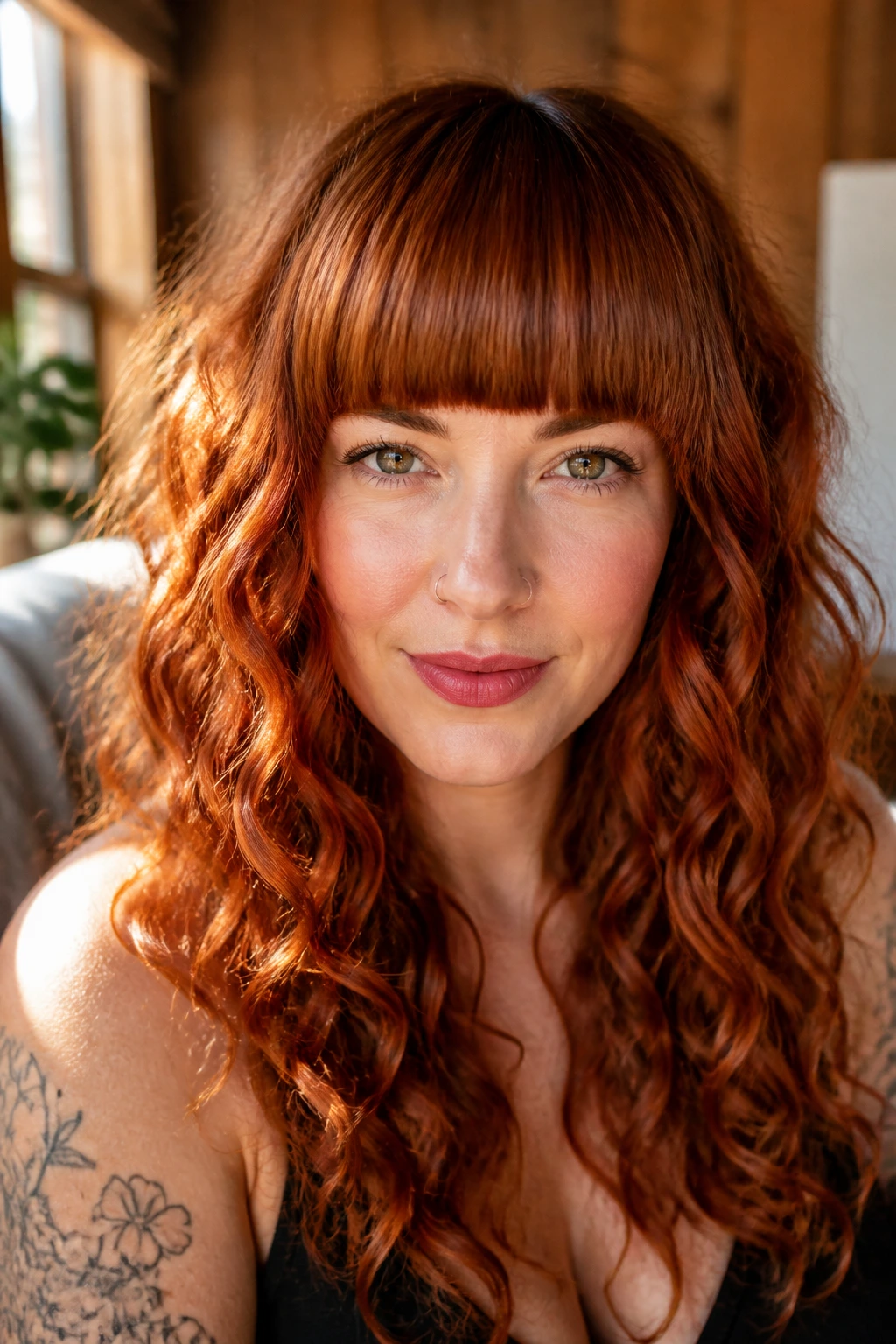Close-up of a real woman with copper curls and a straight fringe defining the brows