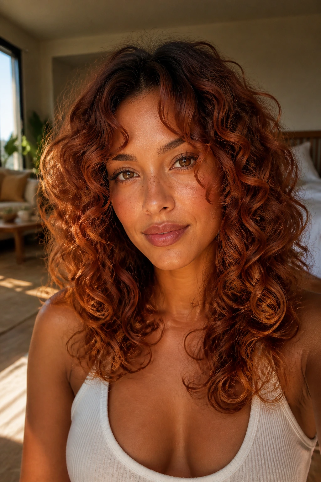 Close-up of a real woman with copper curls and layered ends on tan skin