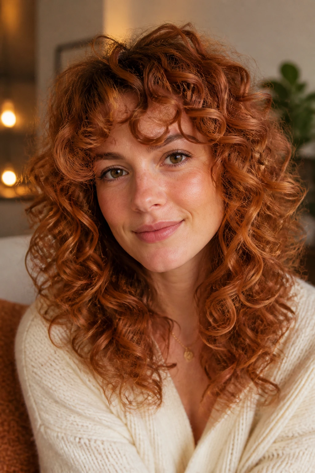 Portrait of a real woman with copper curly layers and a soft glow