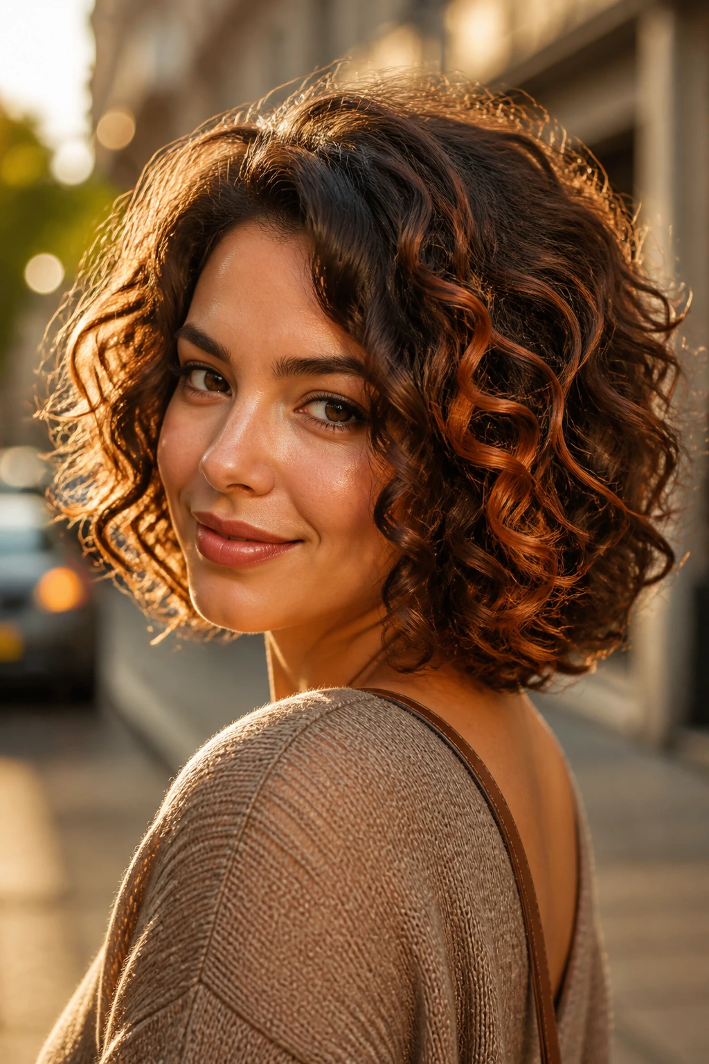 Brunette with copper-touched curls in a curly bob against a warm street backdrop.