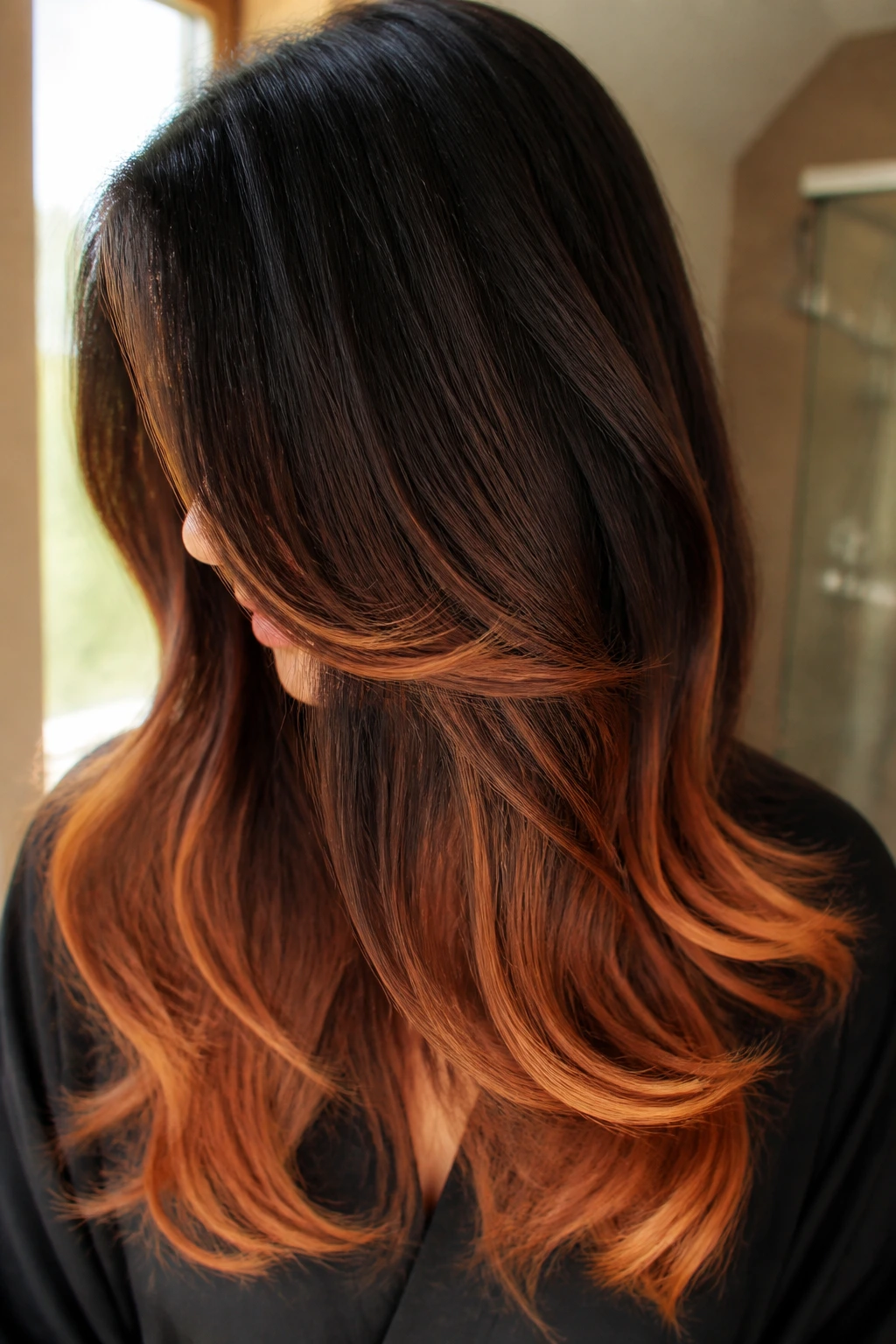 Close-up of a real person with copper-ended hair catching warm light.