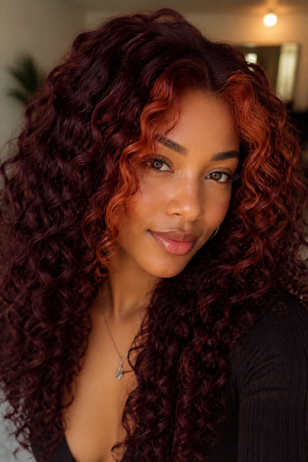 Real woman with burgundy base hair and copper front highlights framing her face.