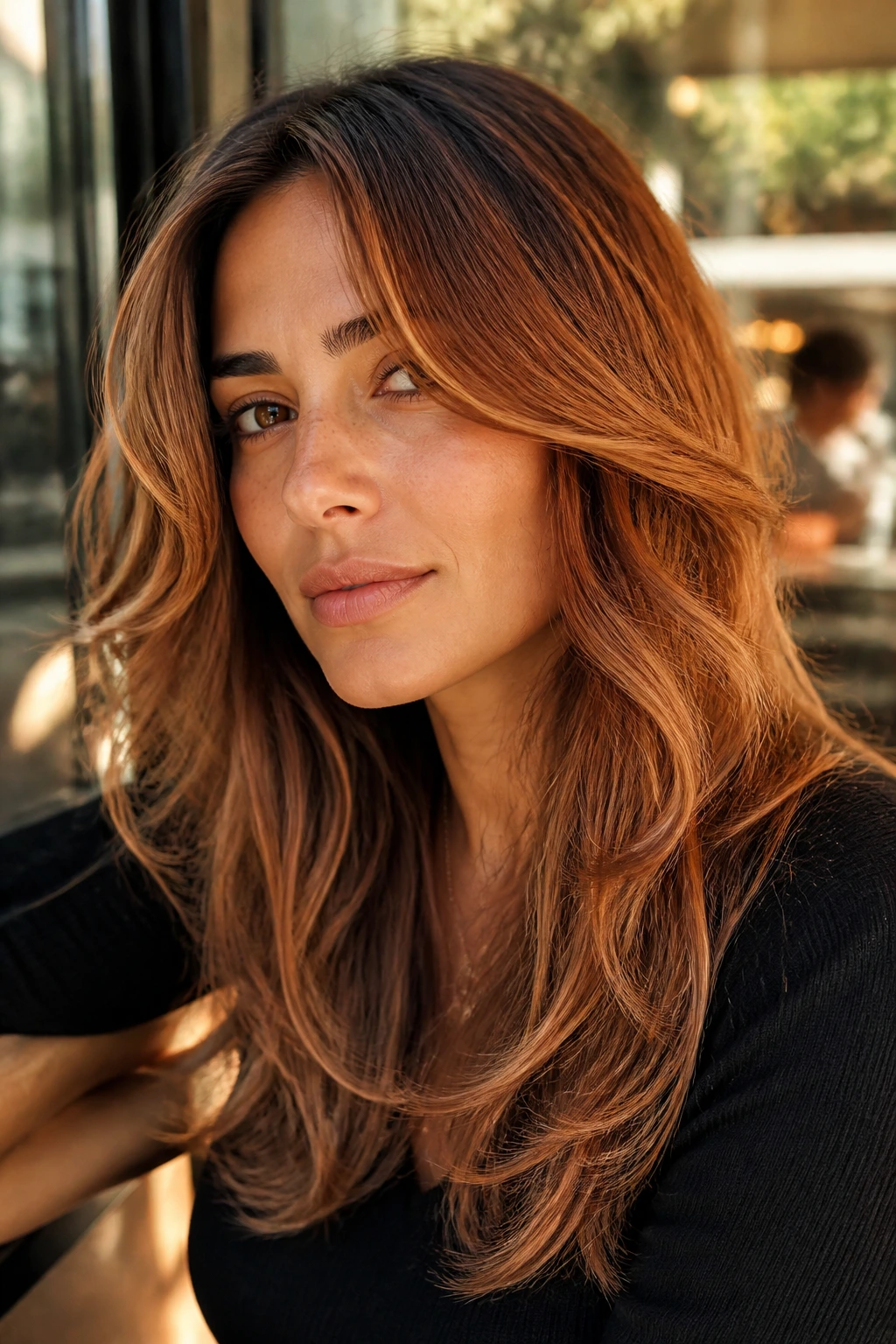 Close-up of a real person with brushed copper hair and feathered layers