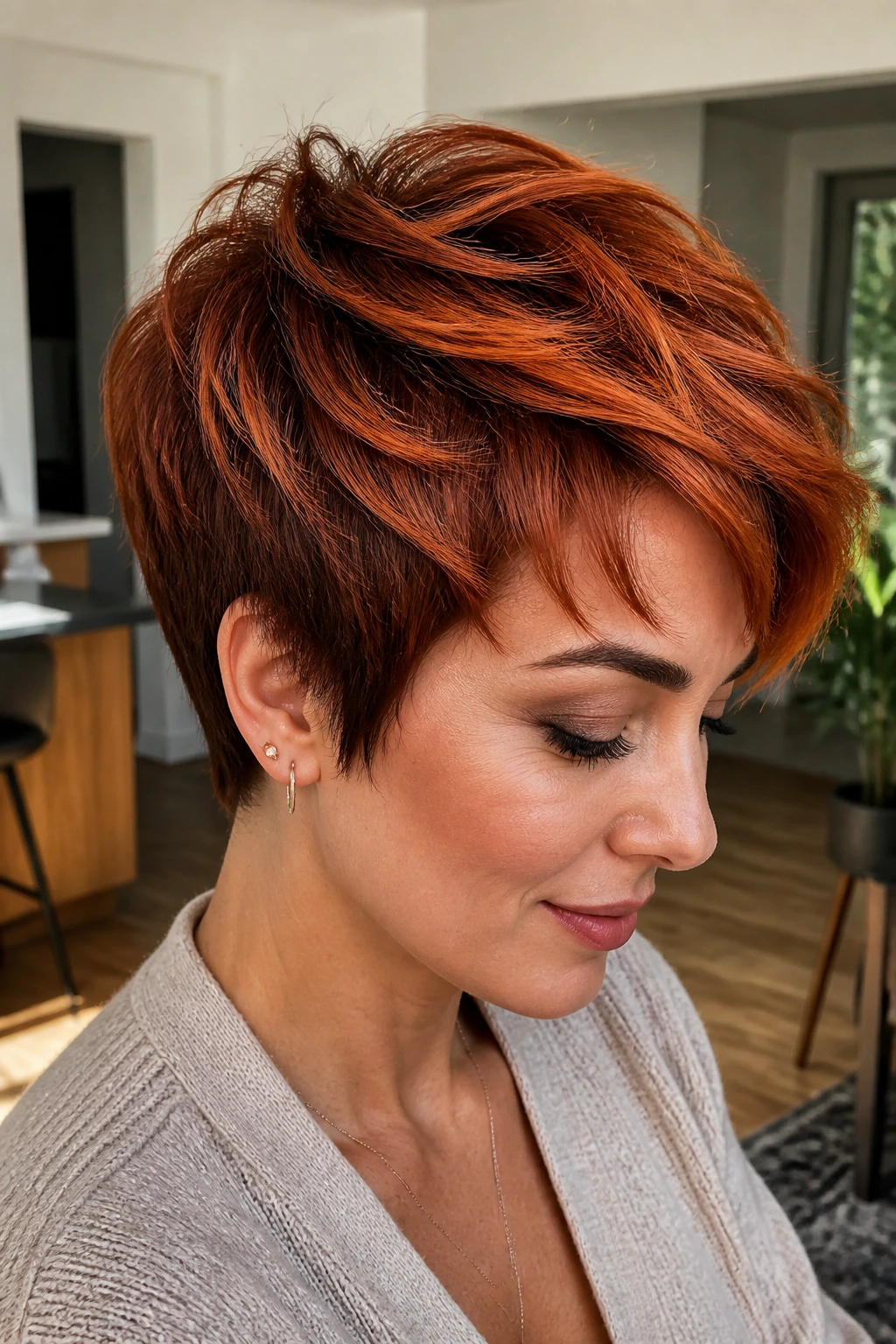 Close-up of Copper Flame Layered Crop on a real person showing copper ribbons and layered crown.