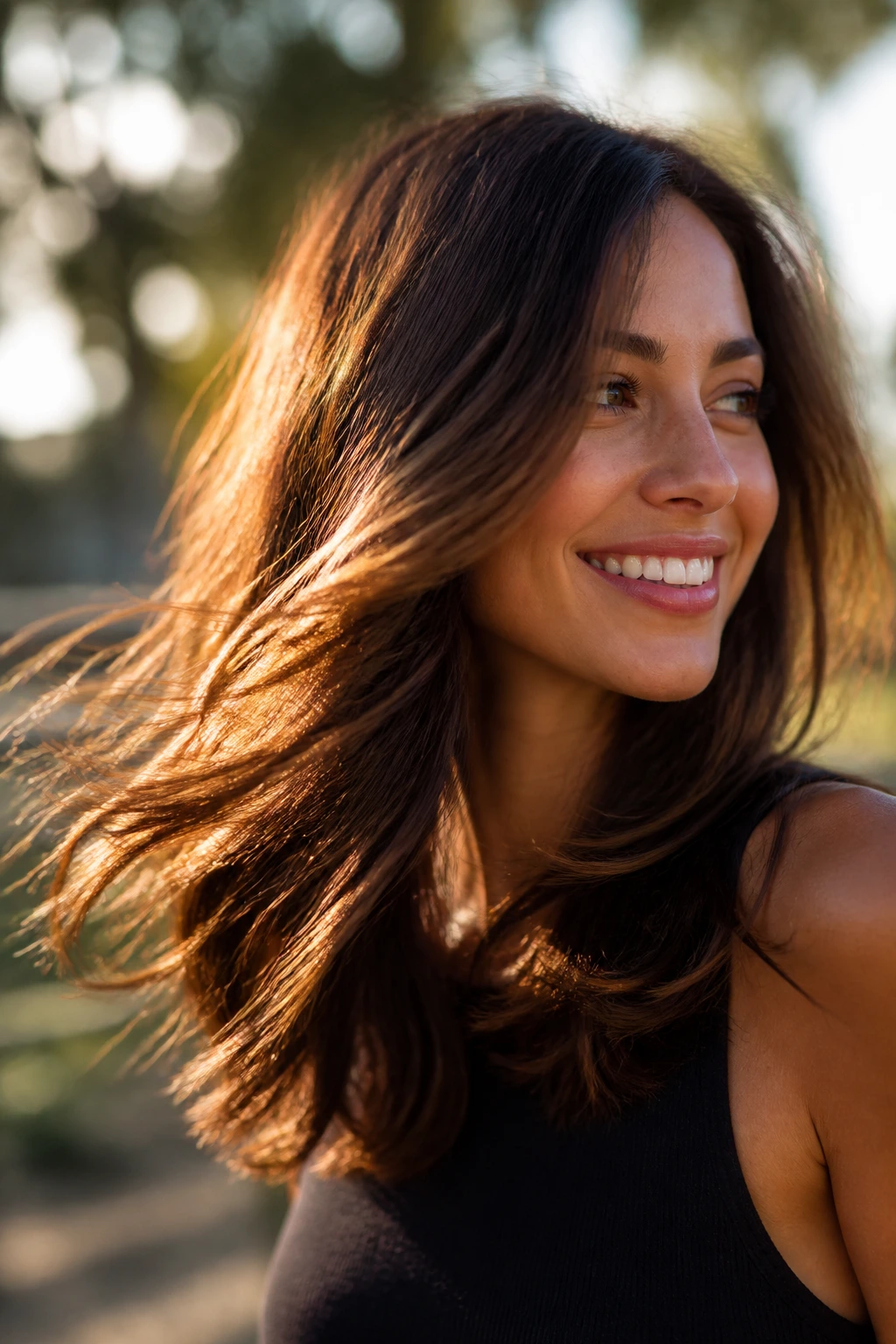 Copper-glaze highlights catching movement in brunette hair outdoors