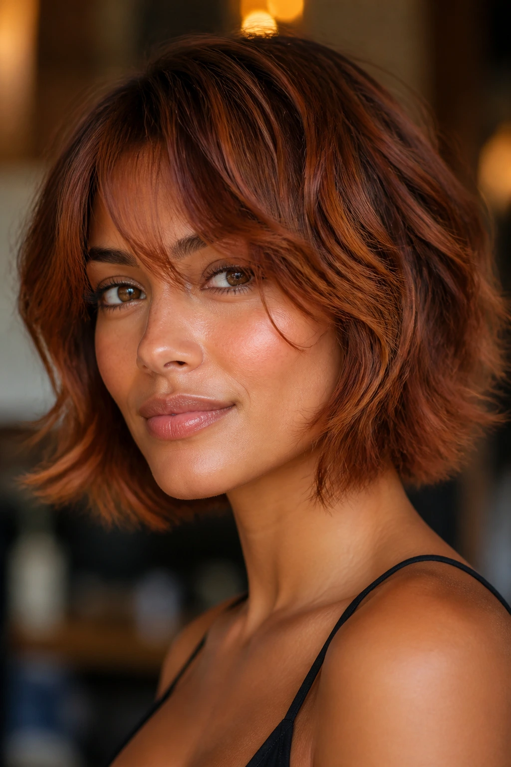 Real woman with copper-glaze shaggy bob