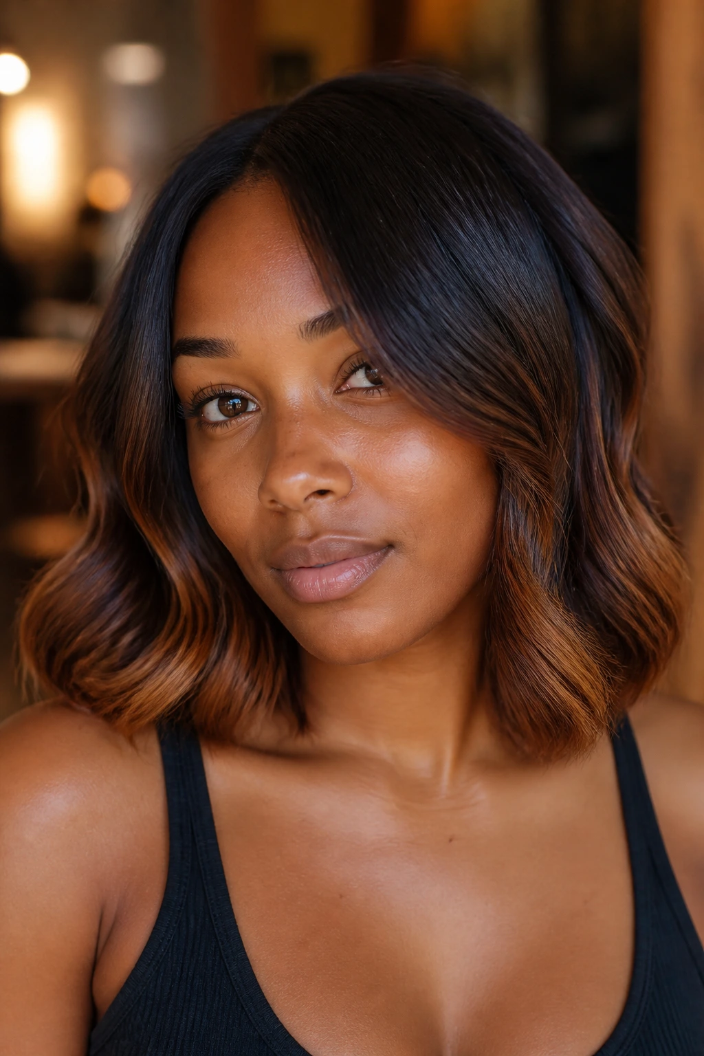 Close-up of brunette shoulder-length hair with copper-brown glaze on mids and ends