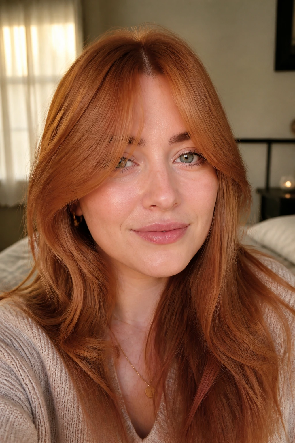 Close-up of a real woman with copper-glazed curtain bangs on fair skin, warm window light