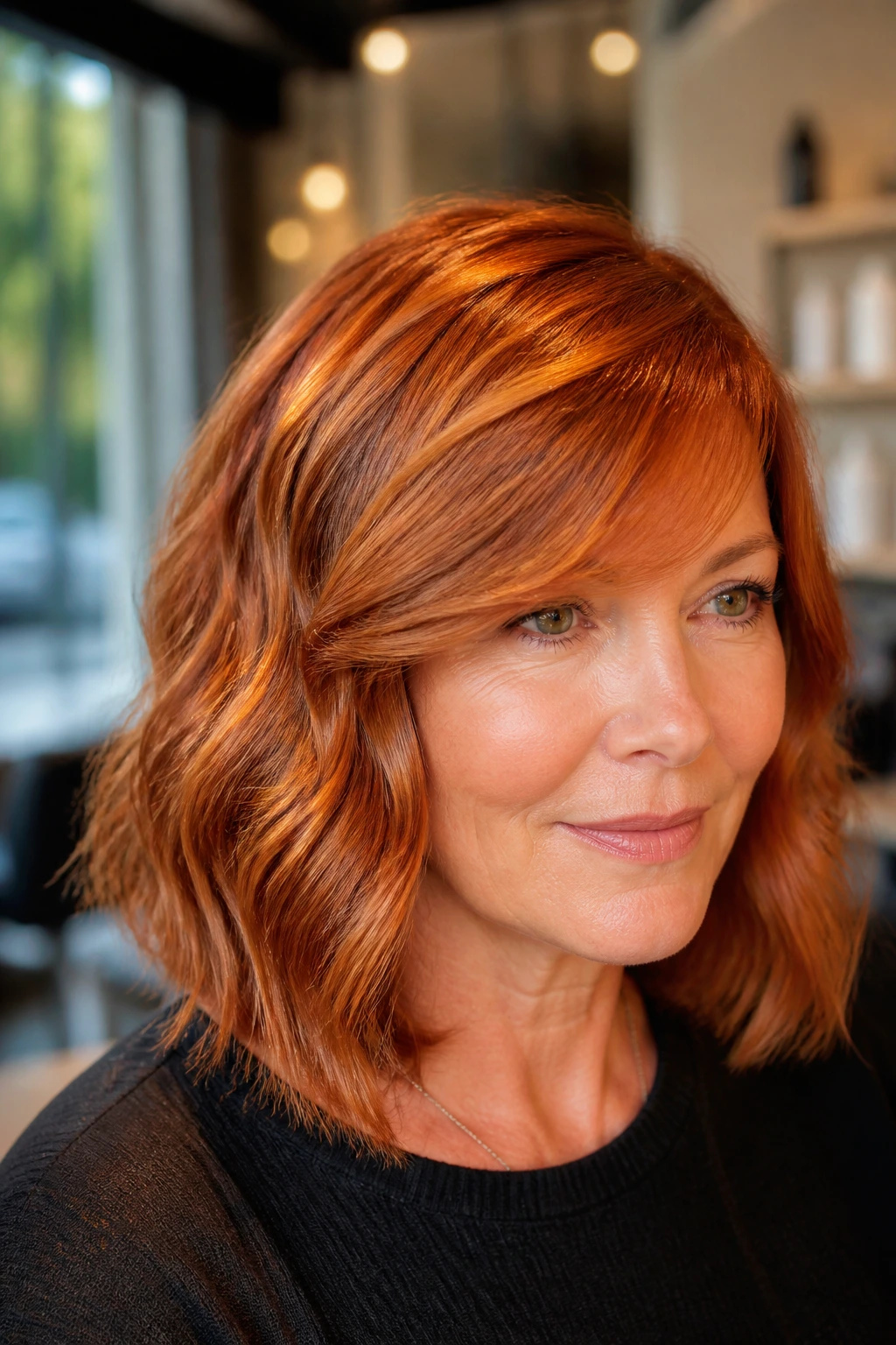 Real woman with copper gloss lob and side-swept fringe
