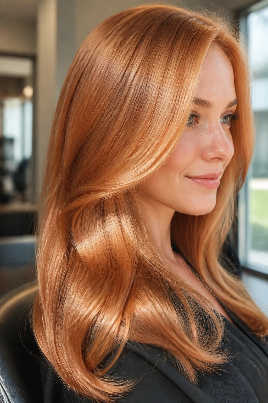 Close-up of a real woman with glossy copper gloss strawberry blonde hair catching light.