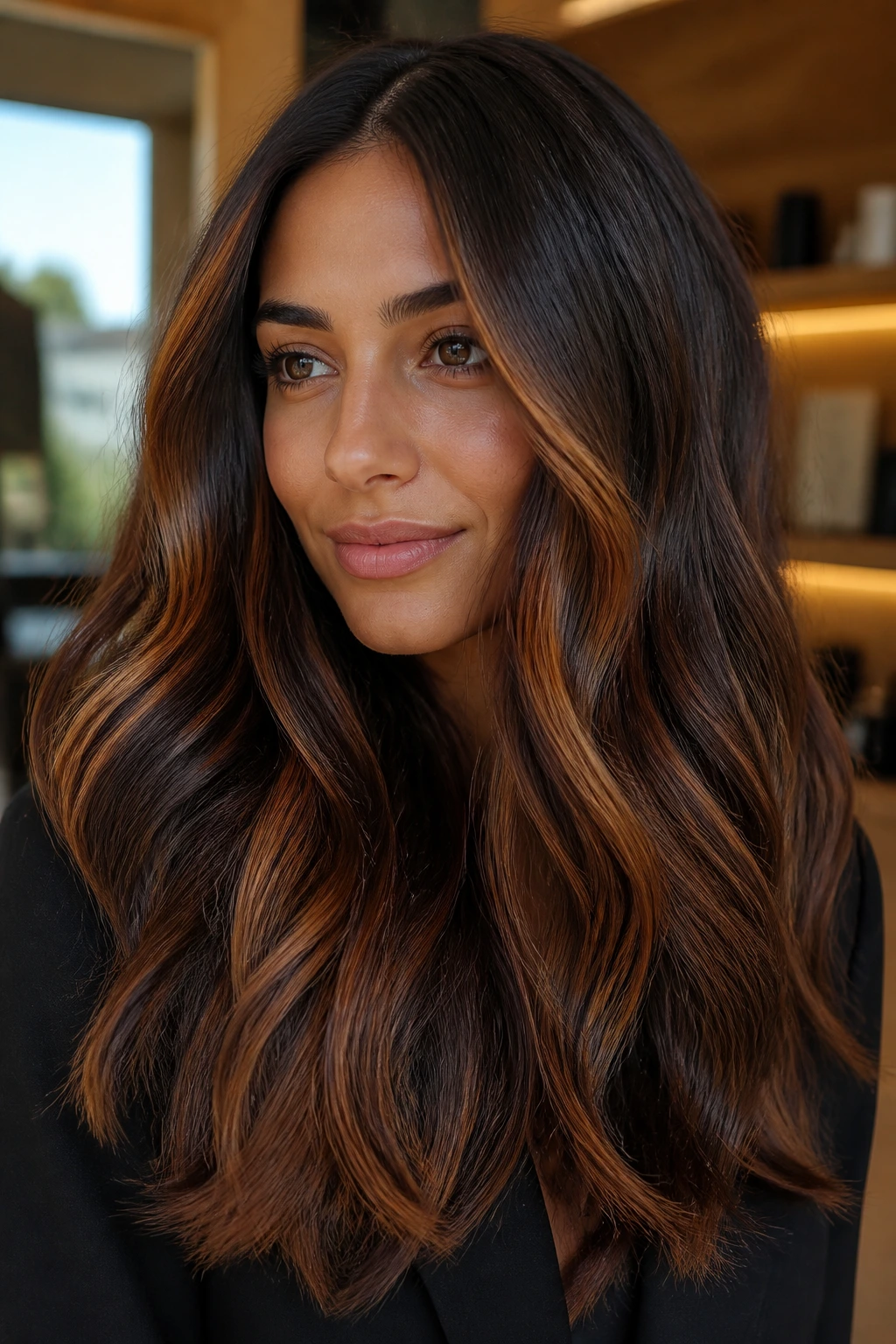 Close-up of real woman with copper-gold slices in thick hair