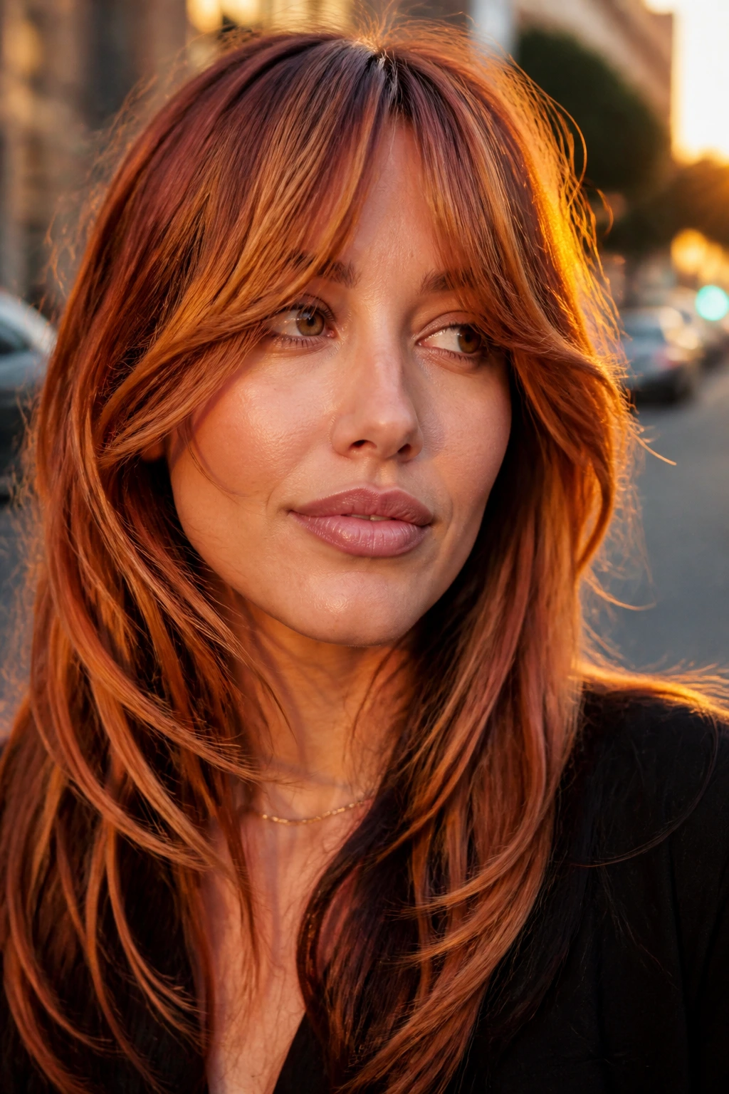 Portrait of a real woman with copper ribbons and piecey curtain fringe around the face in warm sunlight