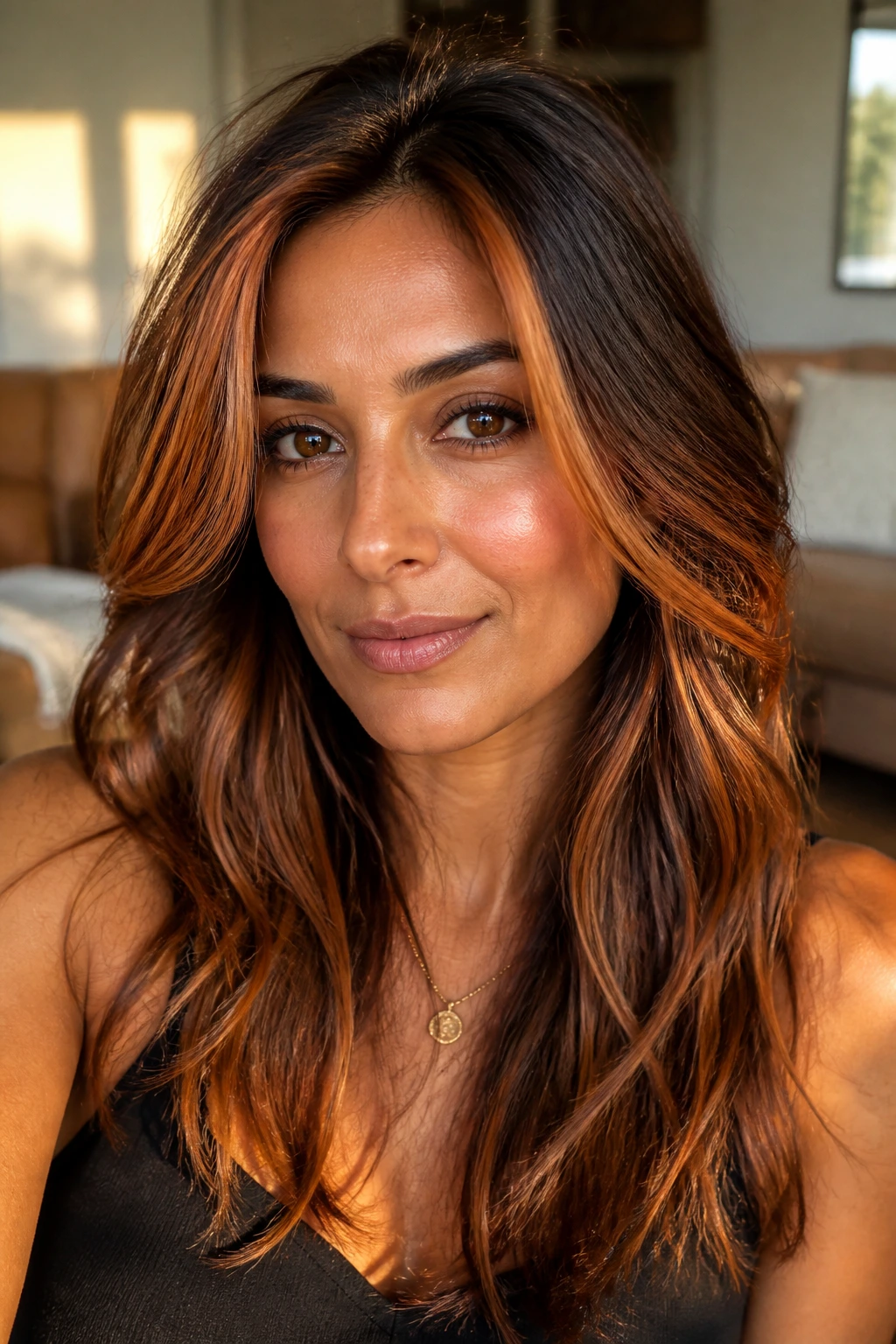 Close-up of a woman with copper amber front frame for warm dramatic softness