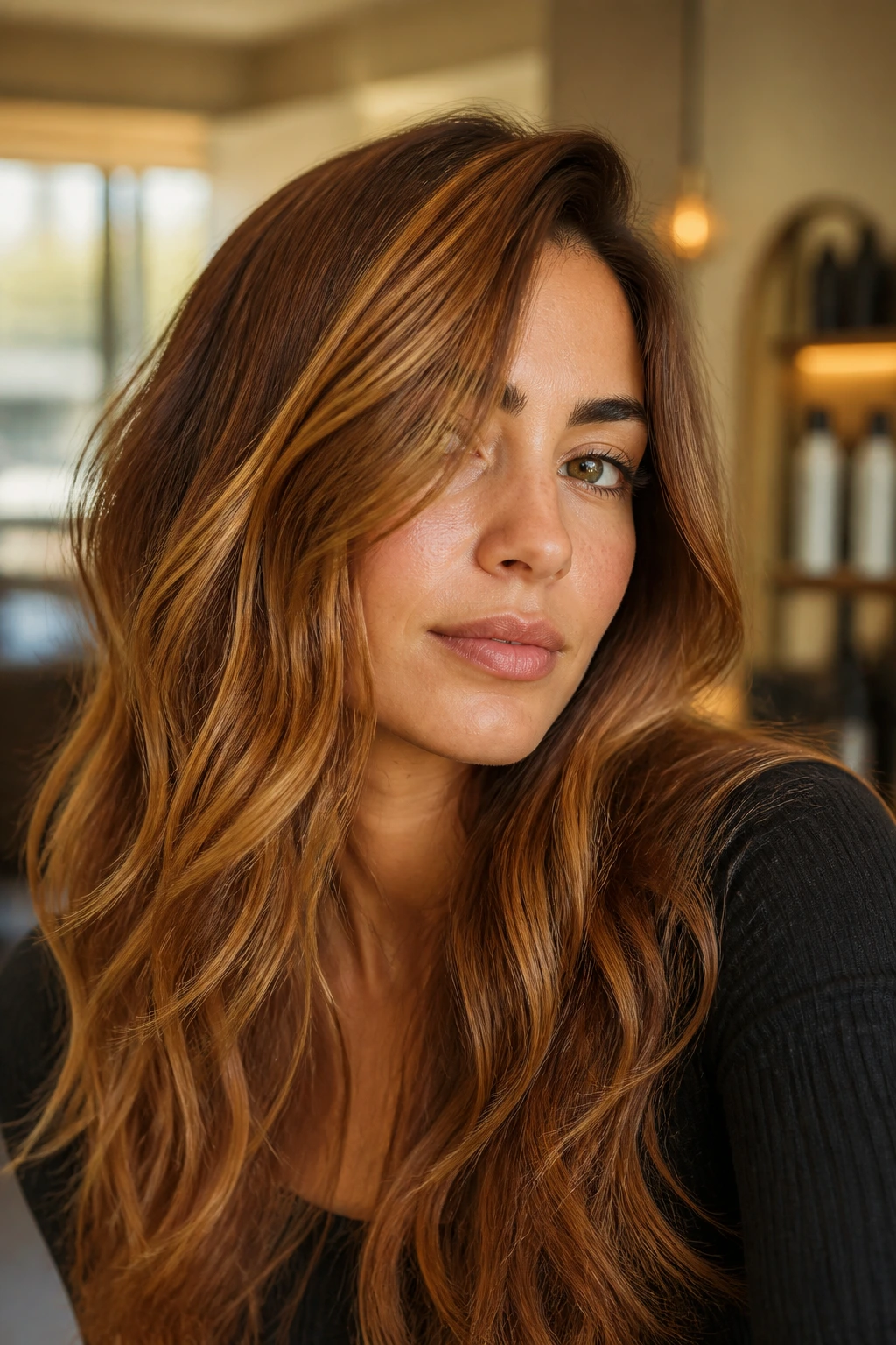 Close-up portrait of a real woman with brushed copper brown hair and a thin honey veil on olive skin in warm window light