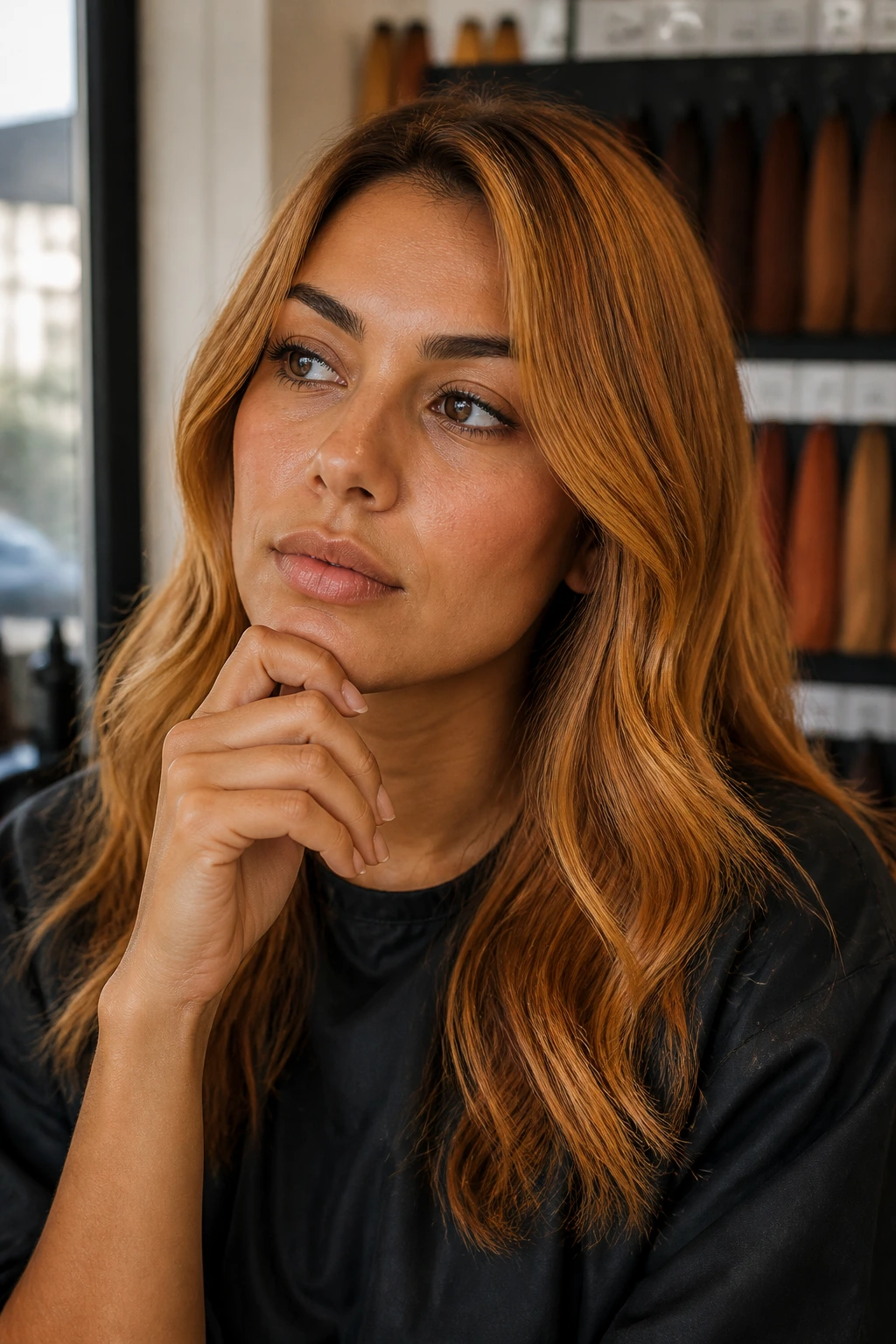 Close-up portrait of tan-olive skin woman with copper-blonde hair in a salon, thoughtful about copper color.
