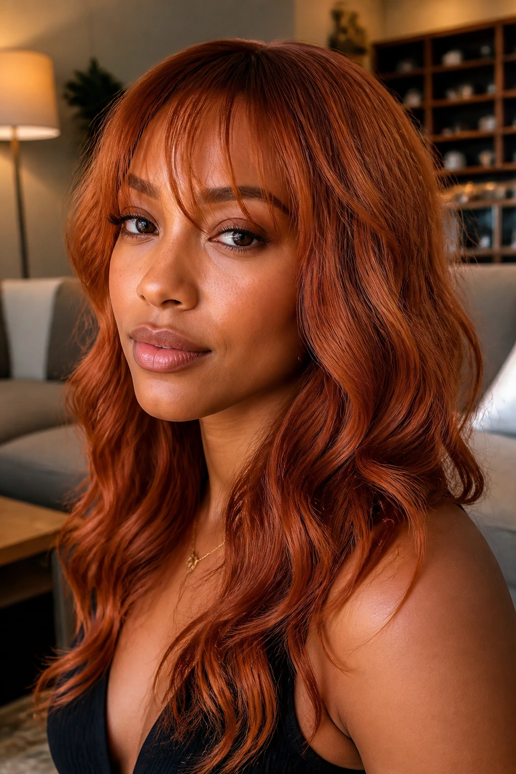 Close-up portrait of a real woman with copper waves and a piecey fringe in warm lighting