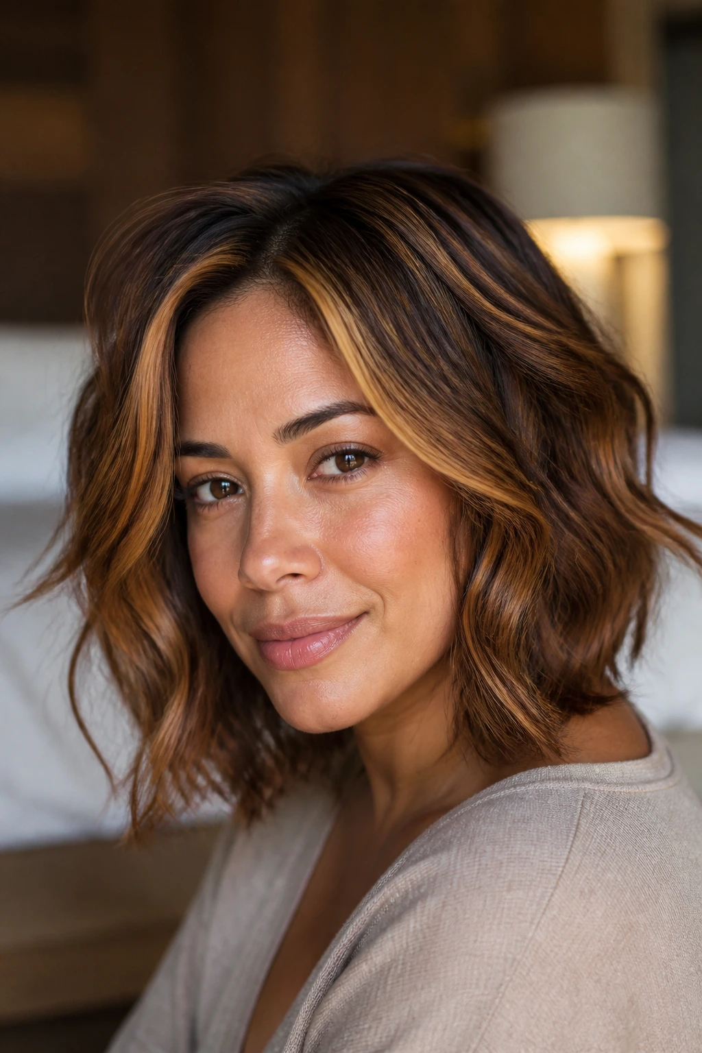 Close-up portrait of a real woman with copper-gold crown highlights on warm medium skin.