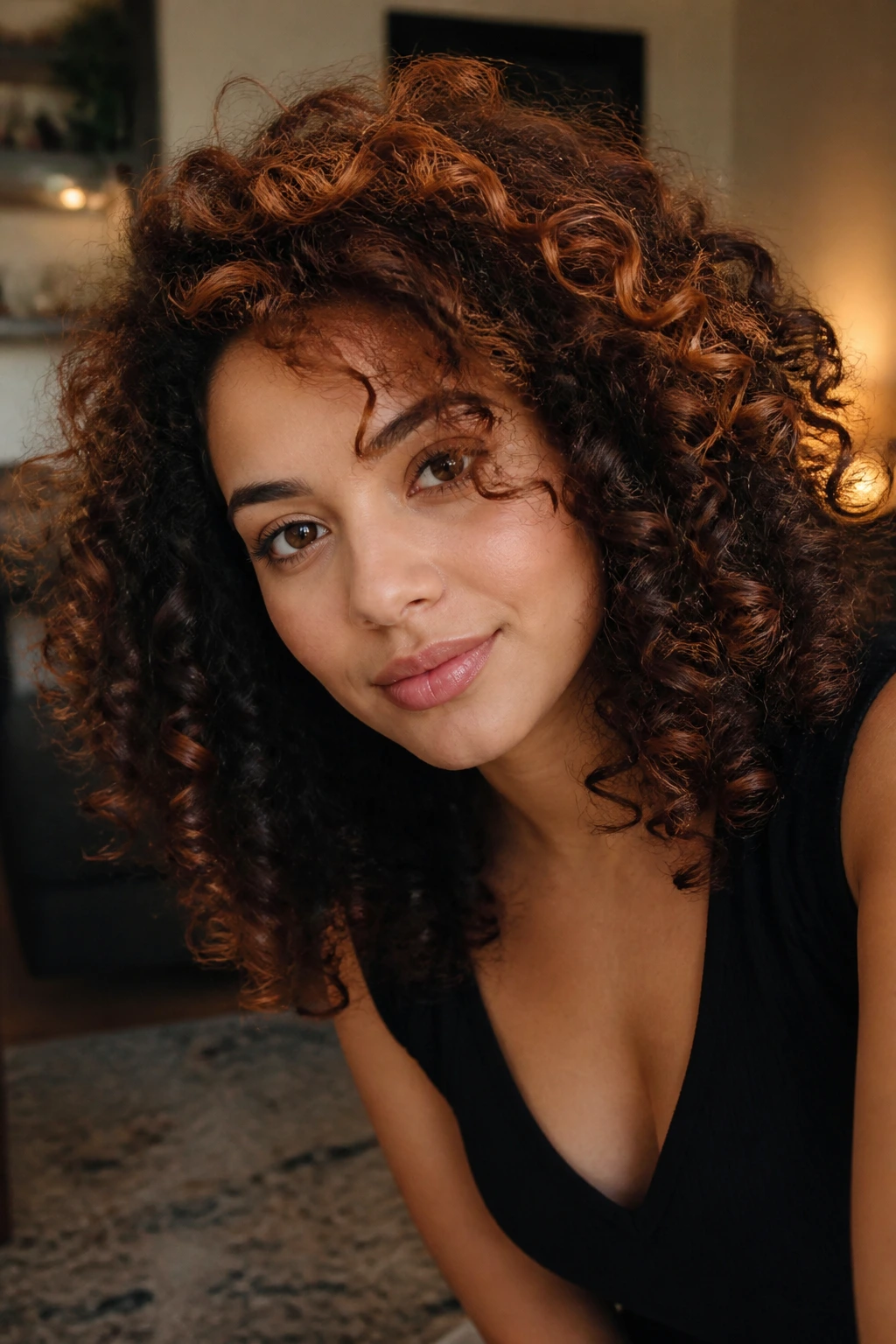 Curly dark hair with copper halo around crown.