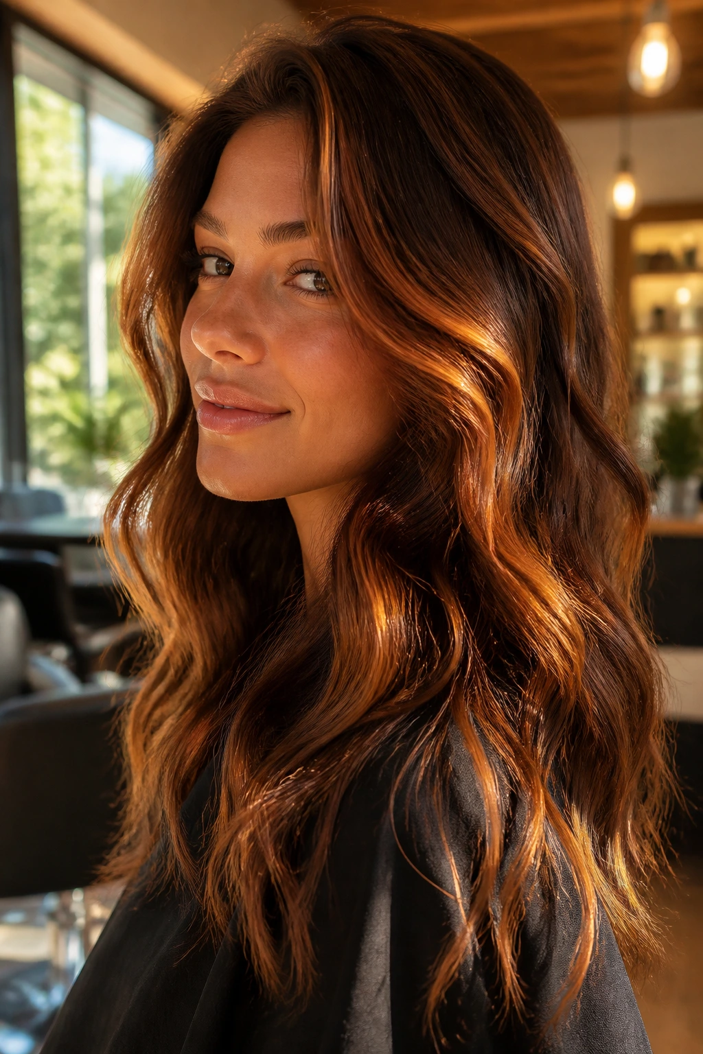 Portrait of brunette with copper-kissed highlights illuminated by warm window light.