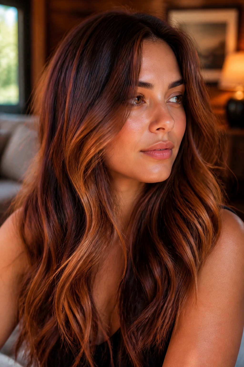 Brunette with copper honey blend showing copper accents in hair.