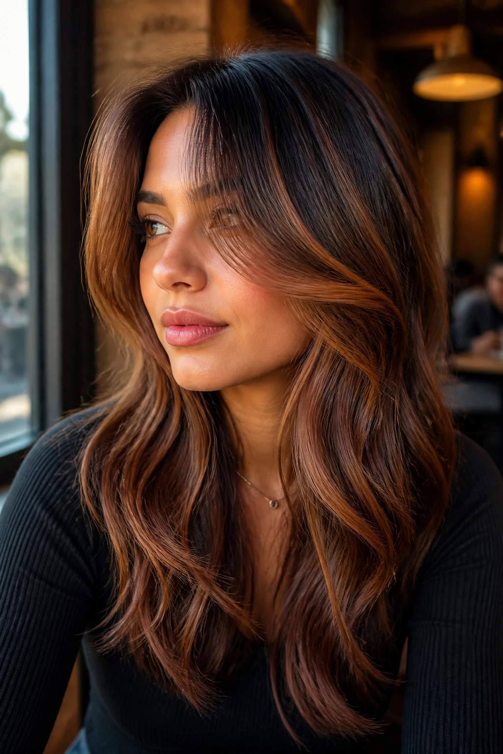 Close-up portrait of a woman with copper-honey highlights and curtain bangs in warm cafe light
