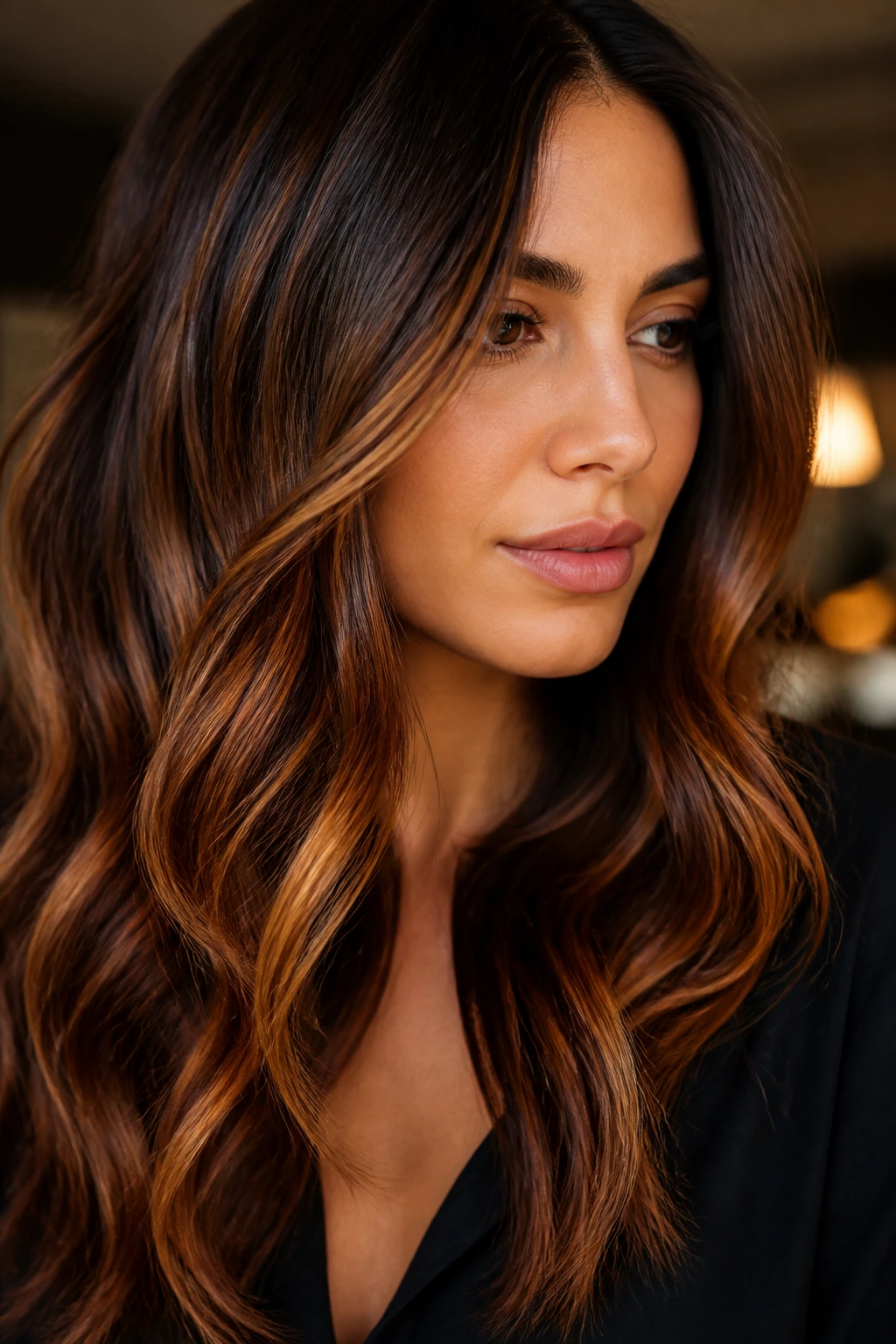 Close-up of a woman with deep brunette hair and copper-kissed honey highlights