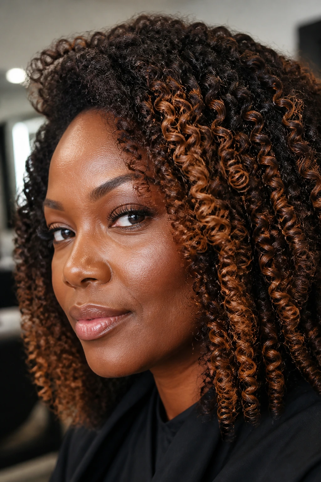 Close-up of a real person with coily hair showing copper-honey ribbons on the outer coils.