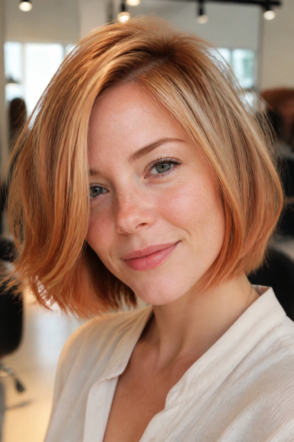 Close-up of Copper Kissed Bob on a real woman in a sunlit salon